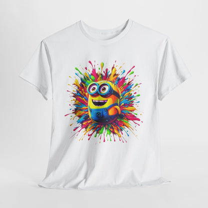 Funny T-Shirt Men's Minion Paint Splash Graphic Tee featuring a vibrant Minion design with a splash of colours, ideal for art lovers. T Shirt, Funny, Minions.