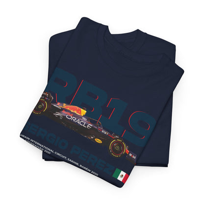 Folded men's Red Bull RB19 F1 Racing Tee in navy, exhibiting the Sergio Perez graphic and luxury print details, ideal for motorsport enthusiasts.