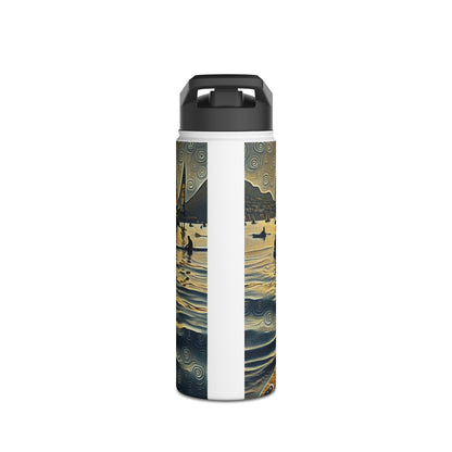 Chic Fantasy Paddleboarding Stainless Steel Water Bottle adorned with vibrant graphics of paddleboarders, designed for a stylish and elegant hydration experience.