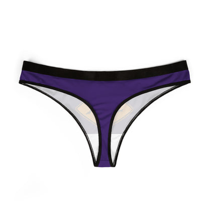 Chic women's thong in rich purple with a distinctive graphic of a playful silhouette, designed for those who appreciate audacious elegance.
