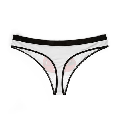 Elegant women's thong showcasing a minimalist design with a subtle graphic of red lips, a stylish choice for intimate wear.