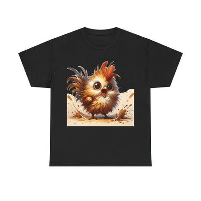 Explosive Joy Tee - Cartoon Bird Edition displayed on a black unisex cotton t-shirt featuring a vibrant cartoonish bird with fluffy feathers, exuding energy and joy.