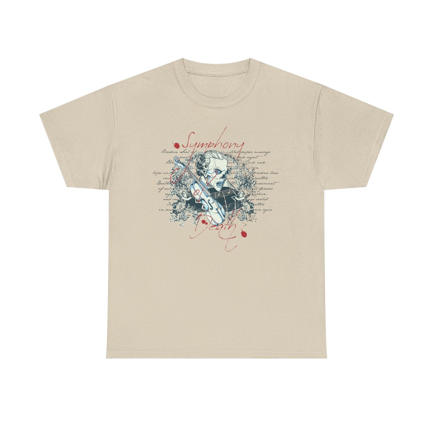 Luxurious beige t-shirt adorned with a unique vintage skull design, complemented by a violin and intricate floral patterns, perfect for gothic music enthusiasts.