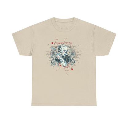 Luxurious beige t-shirt adorned with a unique vintage skull design, complemented by a violin and intricate floral patterns, perfect for gothic music enthusiasts.