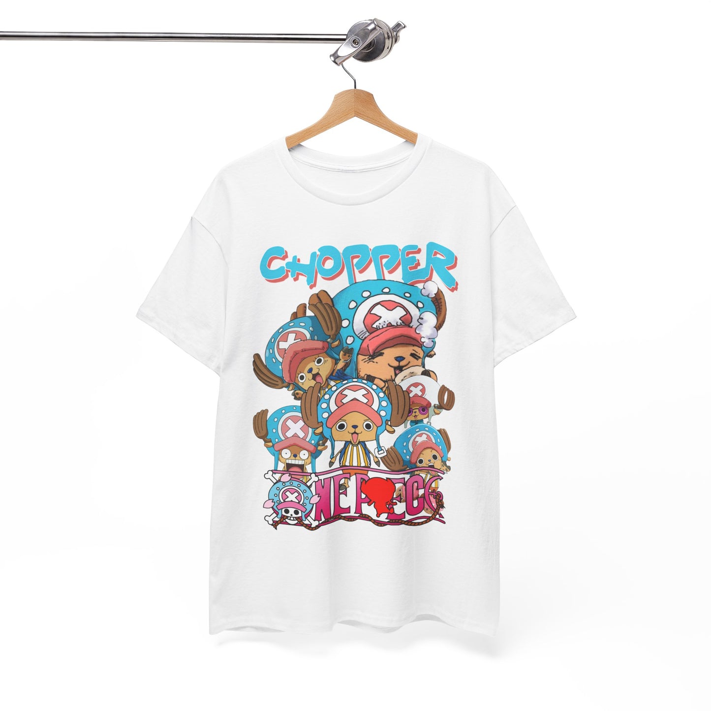 Chic white t-shirt elegantly displayed on a hanger, showcasing captivating Chopper artistry, ideal for fashionable anime aficionados.