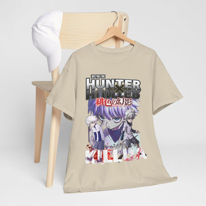 Sophisticated display of a Hunter x Hunter graphic tee on a wooden chair, paired with a stylish cap, capturing a trendy lifestyle.