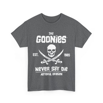 The Goonies Graphic T-Shirt Urban Unisex Cotton Tee presented in a sophisticated charcoal grey, featuring the legendary Goonies emblem with a skull and swords, perfect for fans of timeless cinematic nostalgia.