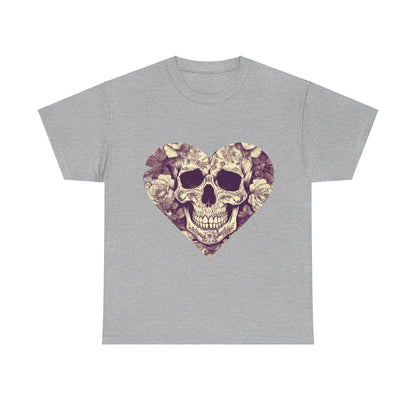 Front view of the Skulls and Roses Cotton Tee in grey, showcasing the intricate steampunk skull and rose heart design, a perfect blend of comfort and style.