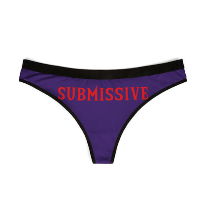Front view of a luxurious purple women's thong, adorned with striking red text 'SUBMISSIVE', perfect for adding a fun touch to intimate wear.