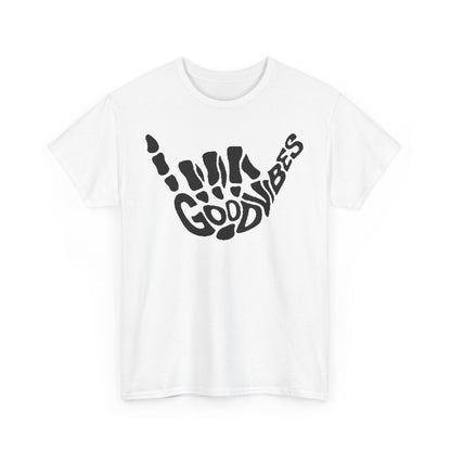 Luxurious white t-shirt in a relaxed fit, embellished with an eye-catching skeletal hand design and the phrase 'GOOD VIBES' for a sophisticated look.