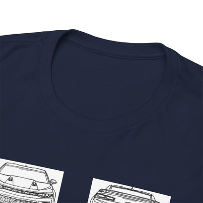 Close-up of the neck of a premium navy t-shirt featuring a round collar, designed for Chevrolet Camaro ZL1 1LE enthusiasts.