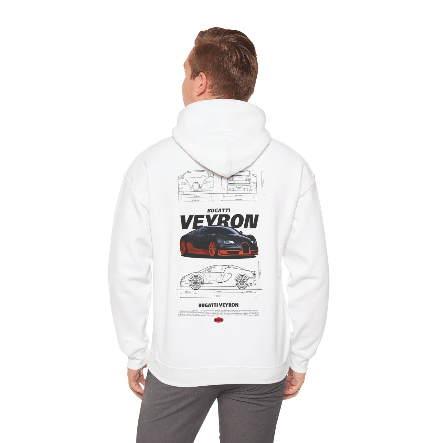 Luxury white Bugatti Veyron hoodie featuring a striking design on the back, showcasing the iconic car with detailed blueprints.