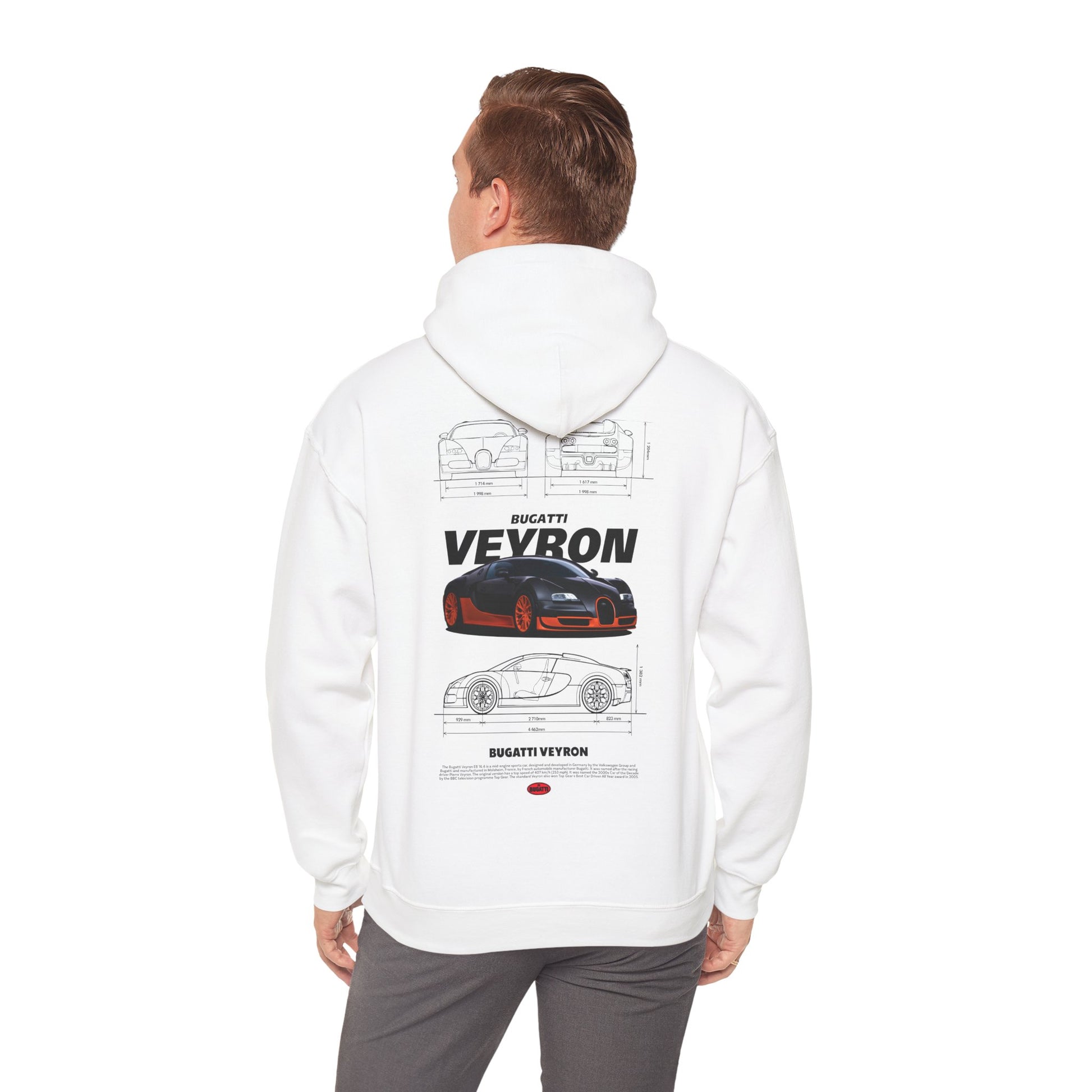 Luxury white Bugatti Veyron hoodie featuring a striking design on the back, showcasing the iconic car with detailed blueprints.