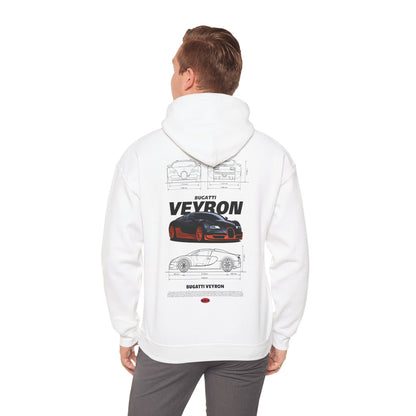 Luxury white Bugatti Veyron hoodie featuring a striking design on the back, showcasing the iconic car with detailed blueprints.