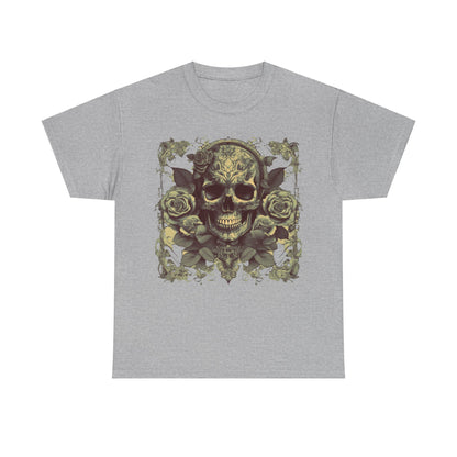 Skulls and Roses Cotton Tee: Front view of the luxurious grey unisex graphic shirt featuring a striking skull and roses design.
