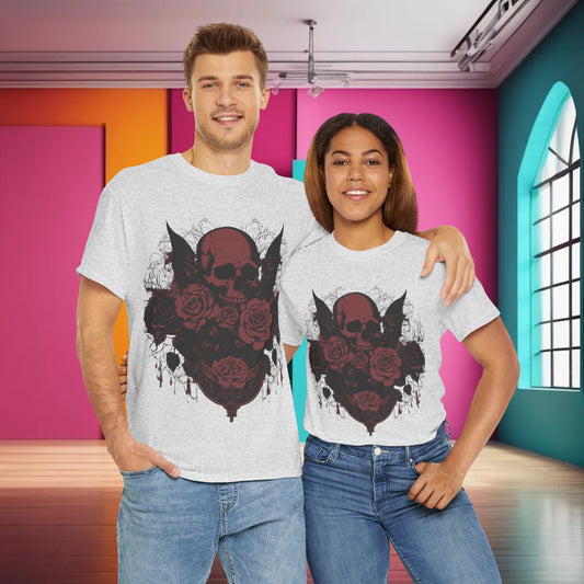 A couple showcasing the Skulls and Roses Cotton Tee, Unisex Graphic Shirt, in a stylish setting. The unique steampunk-inspired design features a bold skull surrounded by intricate roses, perfect for alternative fashion enthusiasts.