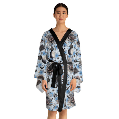 Floral Kimono Robe, Women's Robe featuring intricate floral patterns on a soothing blue background, designed in a luxurious kimono style for elegant lounge wear.