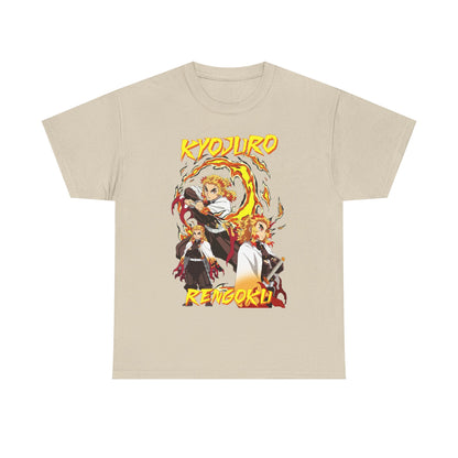 Chic beige Kyojuro Rengoku t-shirt, presenting a sophisticated portrayal of the beloved anime character amidst a backdrop of fiery motifs, ideal for stylish anime collectors.