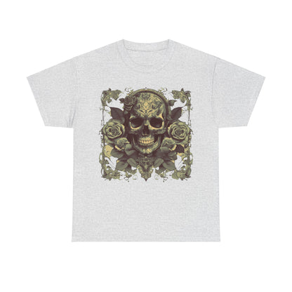 Skulls and Roses Cotton Tee, Unisex Graphic Shirt showcasing an intricate skull art with roses in a light grey tone, ideal for stylish everyday wear and rock concerts.