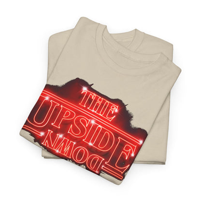 High-quality folded t-shirt displaying 'THE UPSIDE DOWN' in alluring neon-red, tailored for those who appreciate unique and nostalgic apparel.