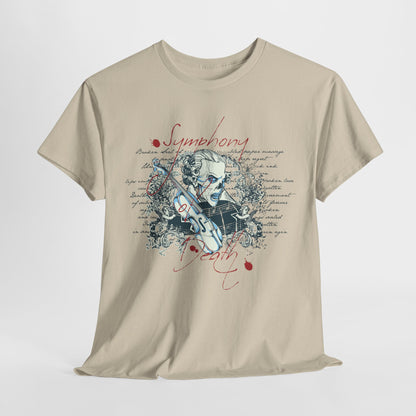 Elegant vintage t-shirt displaying an artistic skull with violin imagery, surrounded by floral scrolls and handwritten text, perfect for gothic fashion enthusiasts.