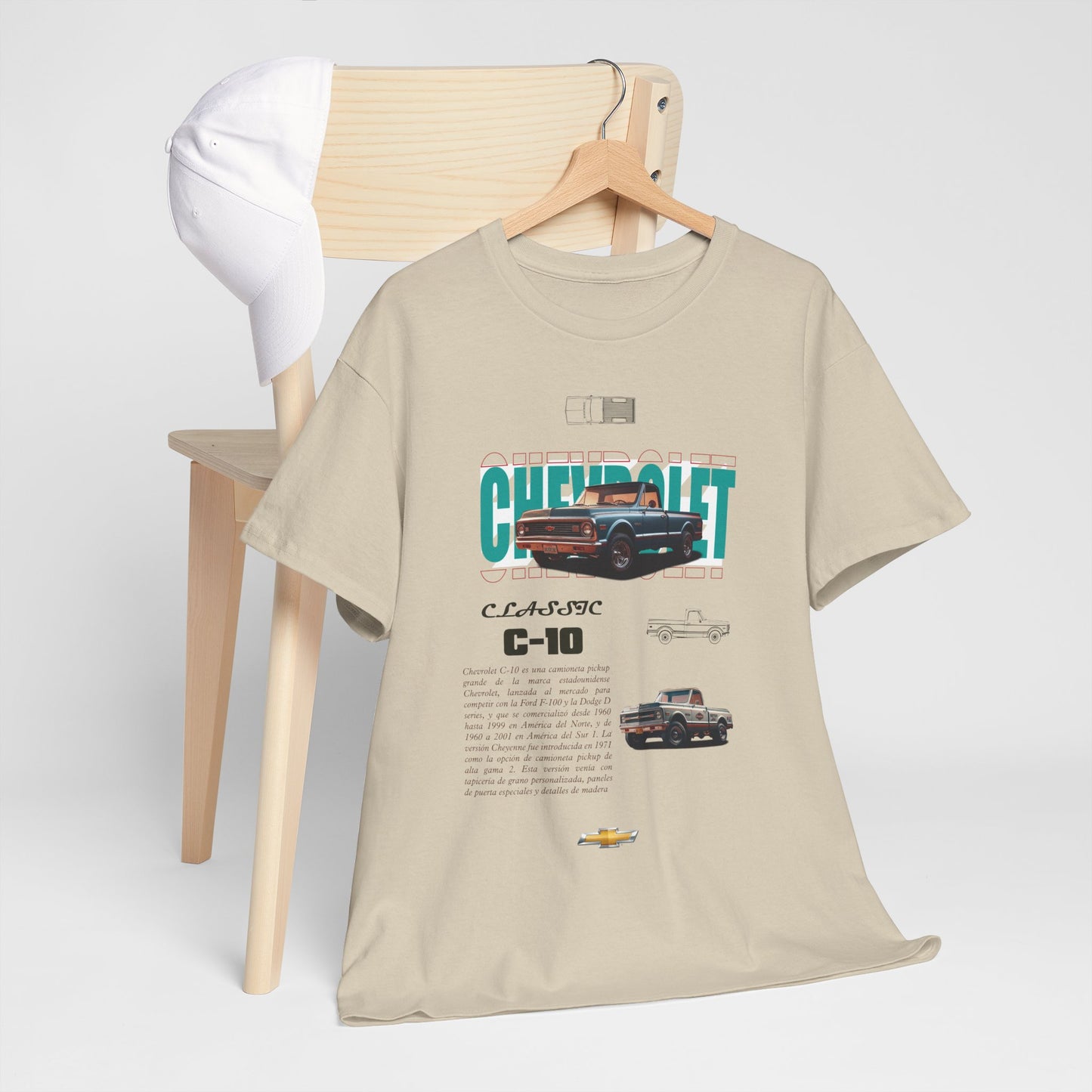 Classic Chevrolet C-10 t-shirt elegantly styled alongside a cap, reflecting timeless automotive culture and nostalgia.