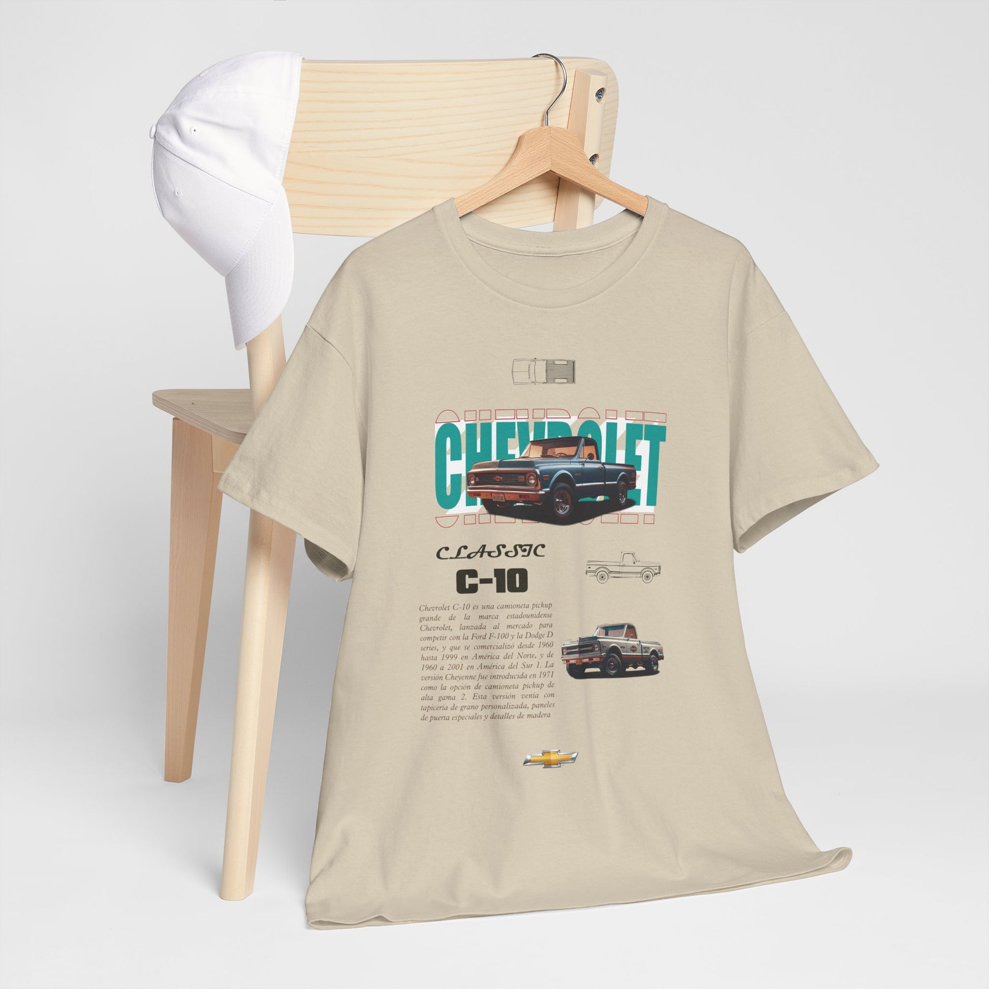 Classic Chevrolet C-10 t-shirt elegantly styled alongside a cap, reflecting timeless automotive culture and nostalgia.