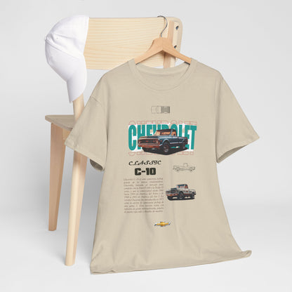 Classic Chevrolet C-10 t-shirt elegantly styled alongside a cap, reflecting timeless automotive culture and nostalgia.