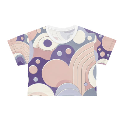 Chic pastel purple crop top with globular patterns by Dazzling Dreams Studio, showcasing luxurious silky soft polyester fabric and contemporary style.