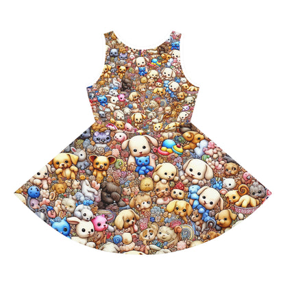 Luxurious Penelope Starling Girls Plush Cartoon Sundress by Dazzling Dreams Studio displaying vibrant colours and playful animal illustrations, ideal for special occasions.