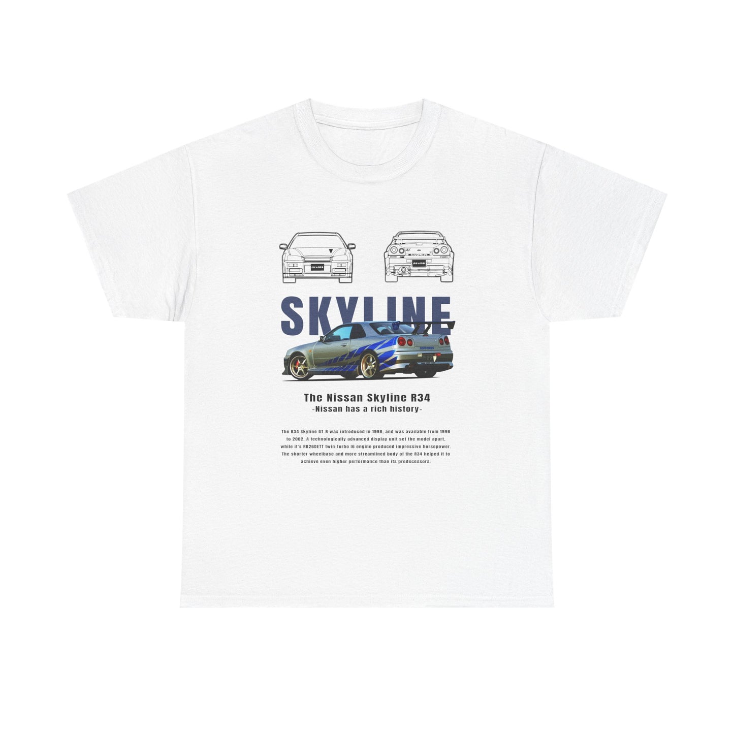 Luxury men's t-shirt featuring a striking Nissan Skyline R34 design, showcasing the iconic car in vivid detail along with minimalist car illustrations. Perfect for automotive enthusiasts, this premium white t-shirt combines style and comfort, reflecting a passion for automotive excellence.