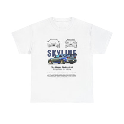 Luxury men's t-shirt featuring a striking Nissan Skyline R34 design, showcasing the iconic car in vivid detail along with minimalist car illustrations. Perfect for automotive enthusiasts, this premium white t-shirt combines style and comfort, reflecting a passion for automotive excellence.