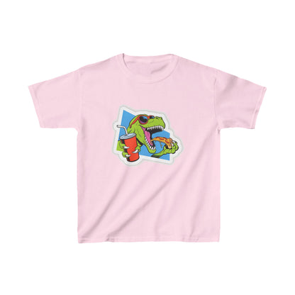 Unisex Kids T-Rex Pizza Cotton T-Shirt in pink, featuring a playful dinosaur graphic with sunglasses and pizza, elevating children's style and creativity.