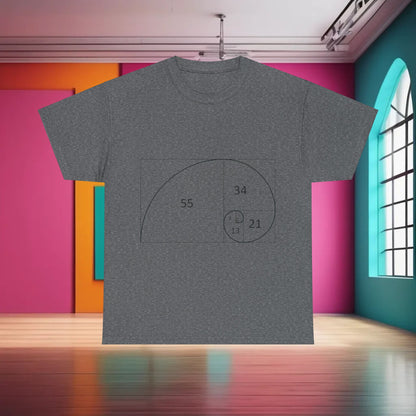 Fibonacci Spiral Space Tee elegantly displayed in a grey colour, featuring the intricate Fibonacci spiral graphic, ideal for those seeking a stylish blend of intellect and comfort.