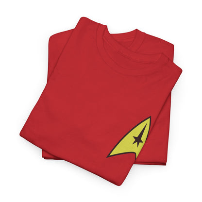 Refined Star Trek Starfleet uniform unisex graphic T-shirt stacked neatly, highlighting the iconic Starfleet insignia on the sleeve.