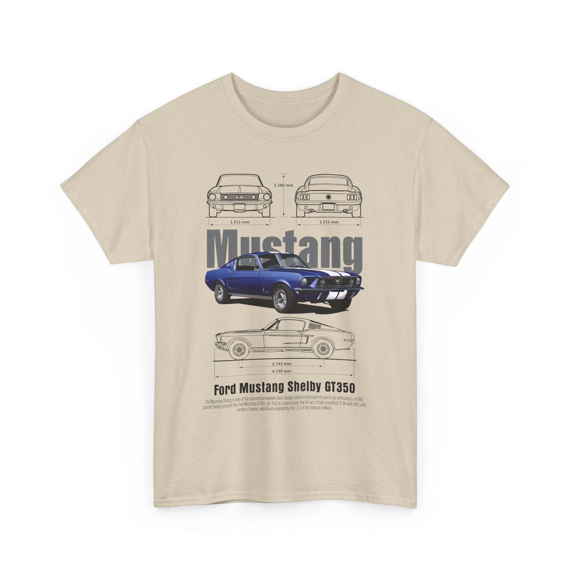 Men's luxury Ford Mustang Shelby GT350 T-shirt showcasing a stylish graphic design featuring detailed illustrations of the iconic car from multiple angles.