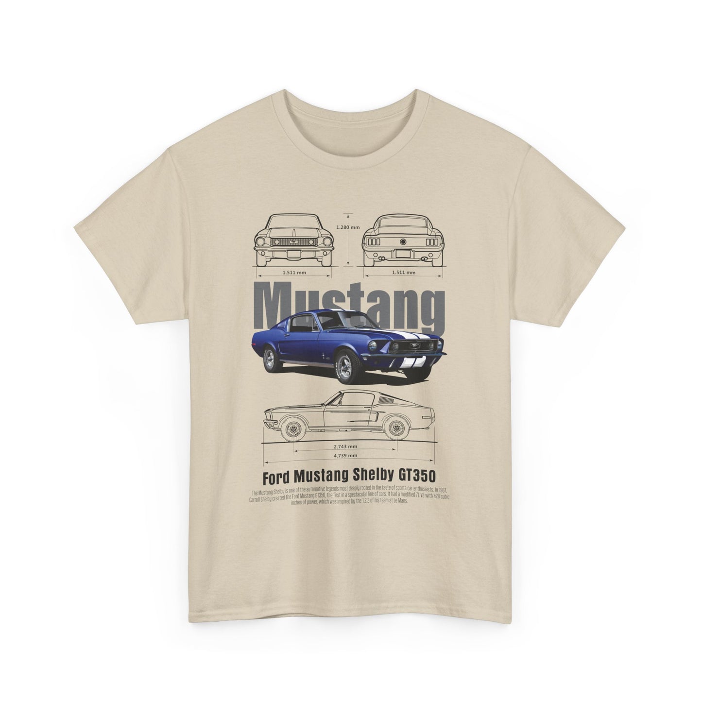 Artistic beige T-shirt front view displaying a striking graphic design of the Ford Mustang Shelby GT350, perfect for car aficionados.