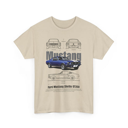 Artistic beige T-shirt front view displaying a striking graphic design of the Ford Mustang Shelby GT350, perfect for car aficionados.