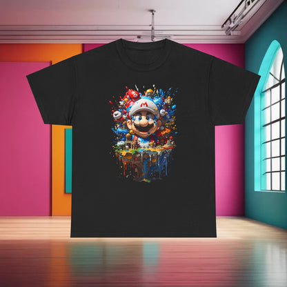 M a r i o ' s Colorful Adventure Graphic T-Shirt in black, featuring a vibrant illustration of Mario surrounded by a whimsical explosion of colours, embodying creativity and fun.