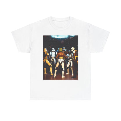 Luxury white t-shirt adorned with a striking image of Stormtroopers in a playful arrangement, designed for discerning Star Wars lovers.