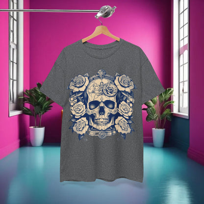 Front view of the Skulls and Roses Cotton Tee displaying intricate skull and rose graphic, ideal for alternative fashion enthusiasts.