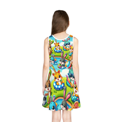 Detail shot of the Lila Petitjean Summer Sundress with vibrant mythical creatures, perfect for birthday parties and playdates, designed by Dazzling Dreams Studio for a magical summer vibe.