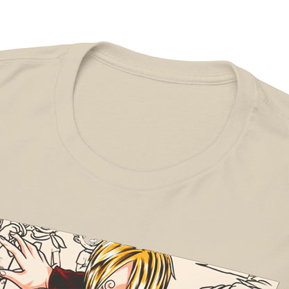 Close-up view of a premium quality graphic tee's collar, showcasing meticulous craftsmanship with a striking Sanji design beneath it.