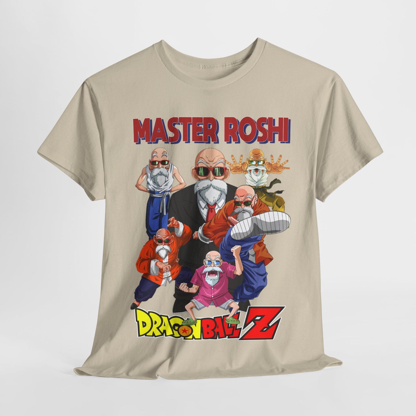 Artisan-crafted Dragon Ball Z T-shirt featuring Master Roshi, presented stylishly on a soft backdrop, perfect for casual elegance.