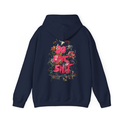Elegant navy hoodie showcasing a bold back print of 'DO EPIC SH*T' in vivid pink lettering, embellished with lush floral and botanical motifs for a sophisticated street style.