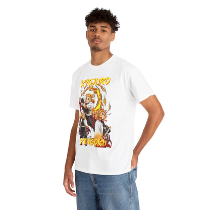 Elegant Kyojuro Rengoku tee showcasing an eye-catching design of the character in dynamic poses amidst swirling flames, ideal for fashion-forward fans.