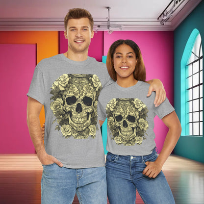 Skulls and Roses Cotton Tee, Unisex Graphic Shirt, 7 colour choice worn by a couple, showcasing edgy fashion and comfort.