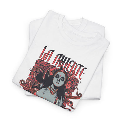 Chic folded white t-shirts showcasing the La Muerte graphic design, characterised by an exquisite sugar skull theme, offering versatility and style for any fashion-conscious individual.