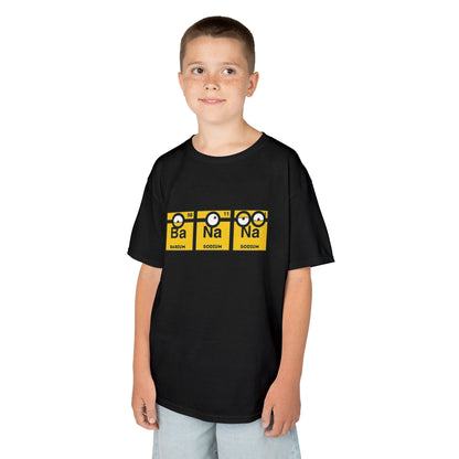 Minions Kids T-Shirt Banana Yellow Periodic Table Elements Tee displayed on a boy, featuring Barium and Sodium elements in a fun design, ideal for kids who love Minions.