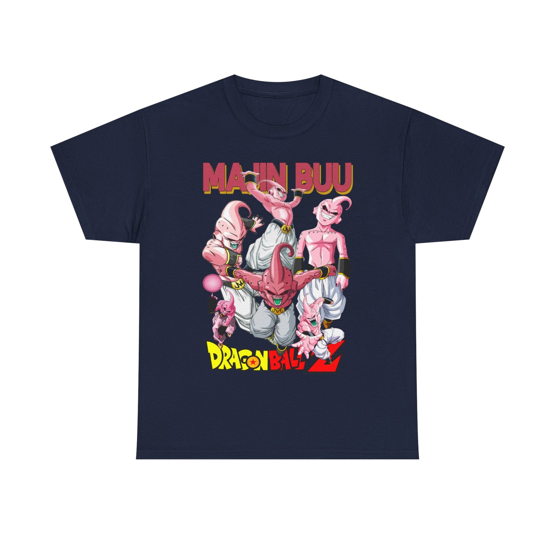 Sophisticated navy t-shirt adorned with striking 'Majin Buu' imagery from Dragon Ball Z, featuring energetic pink characters, tailored for discerning anime fans.